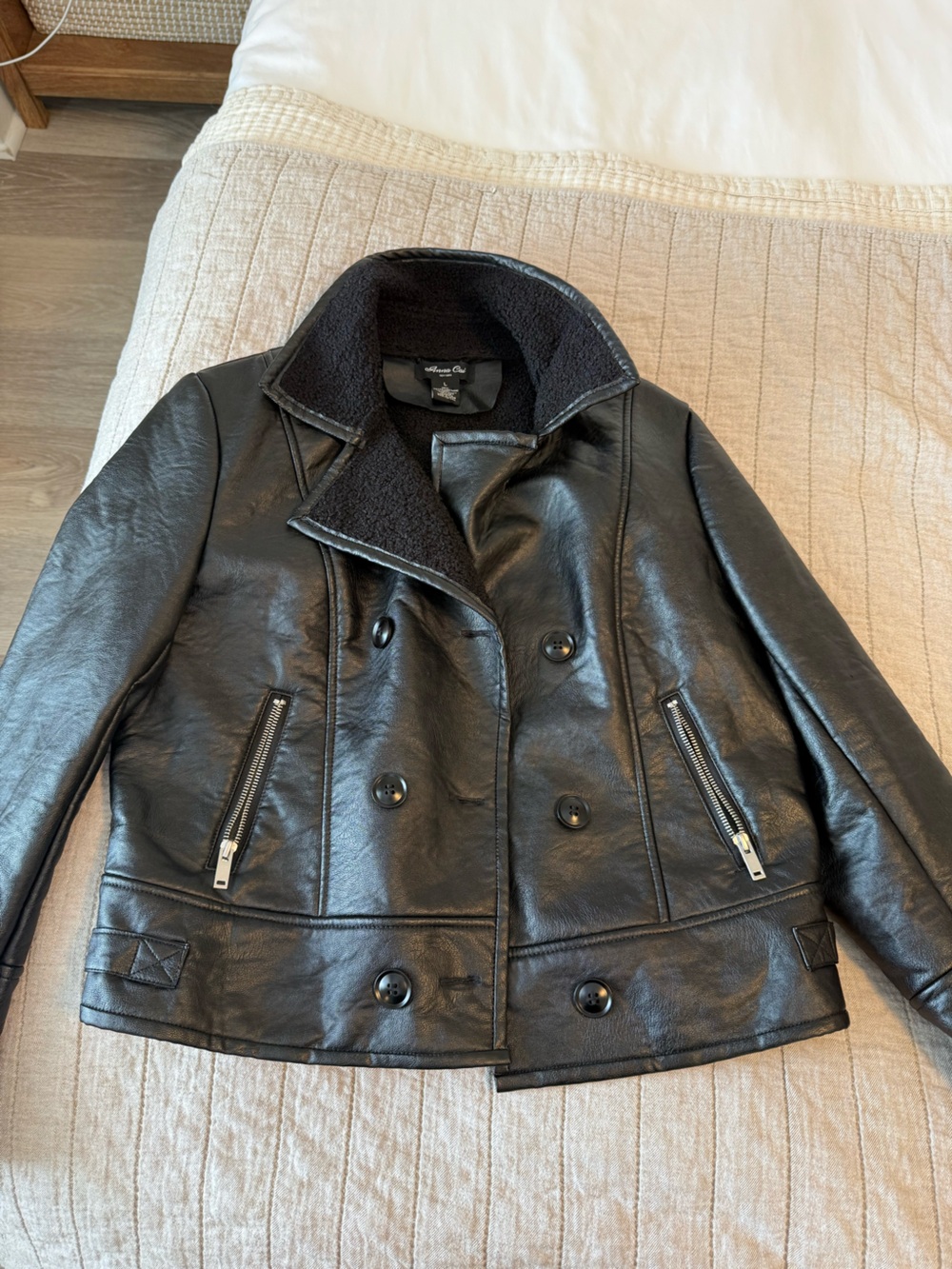 Classic Black Leather Peacoat Jacket - Women
